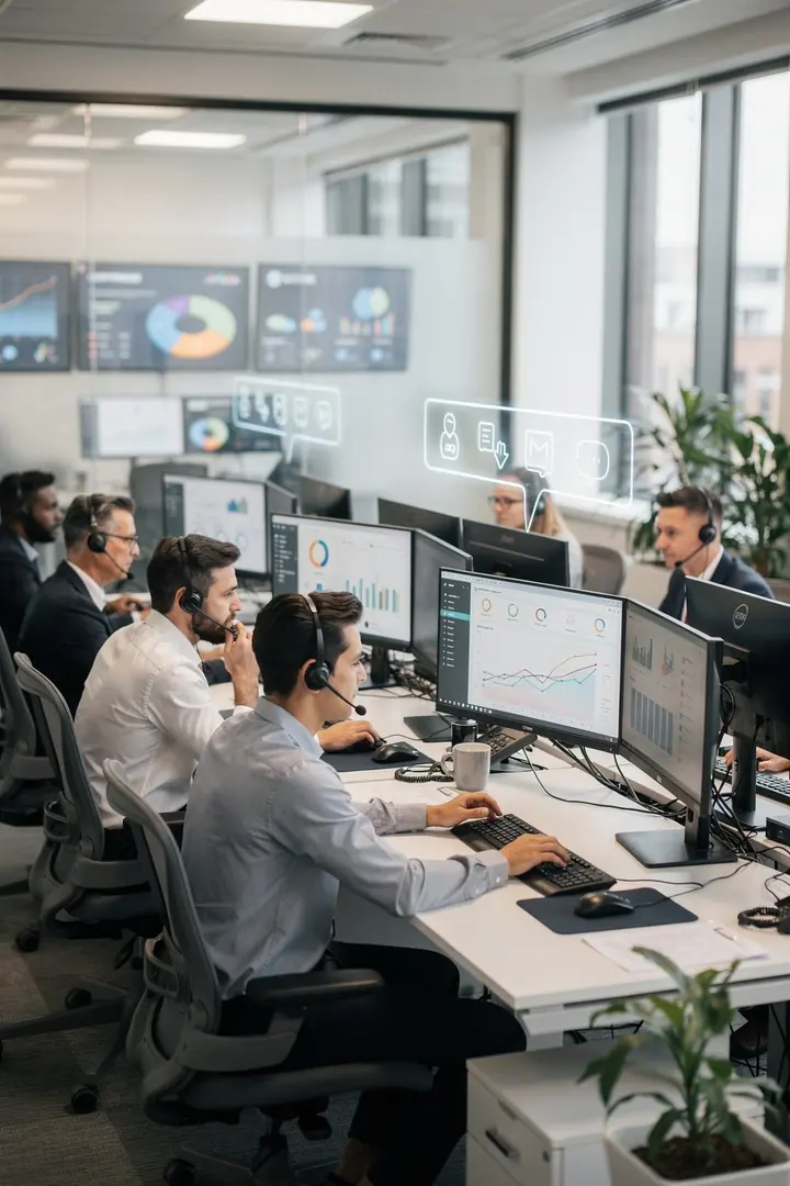 Sales team working at computers in an open-plan office
