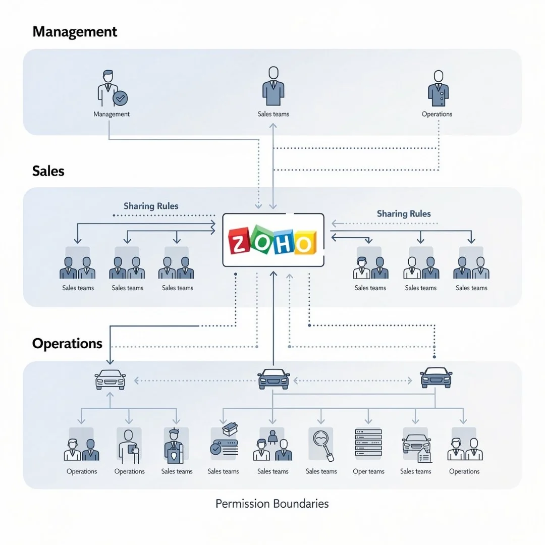 Diagram of management, sales and operations teams organised around Zoho CRM, with sharing rules and permission boundaries