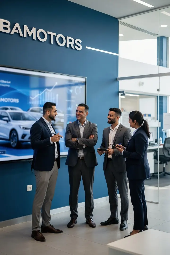Team meeting in a Bamotors showroom