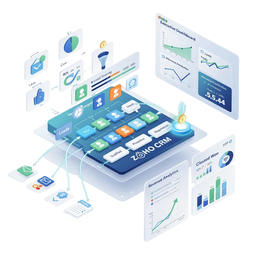 Illustration of a Zoho CRM dashboard with charts and reports
