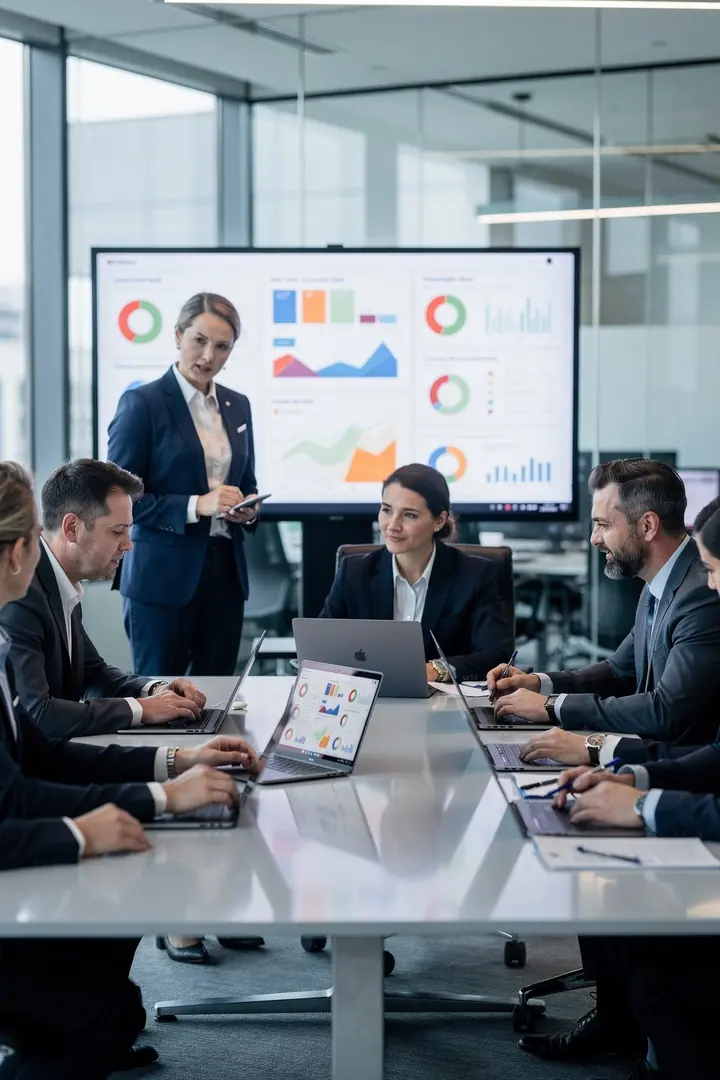 Team meeting in front of a screen showing charts