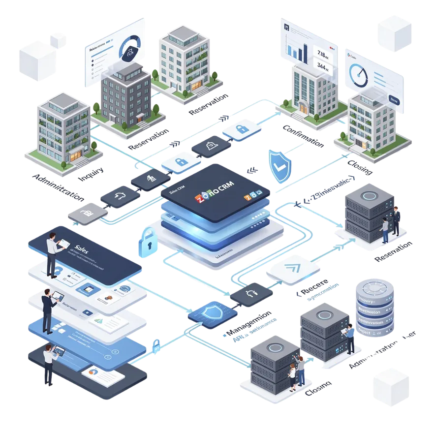 Illustration of buildings connected to a central data platform