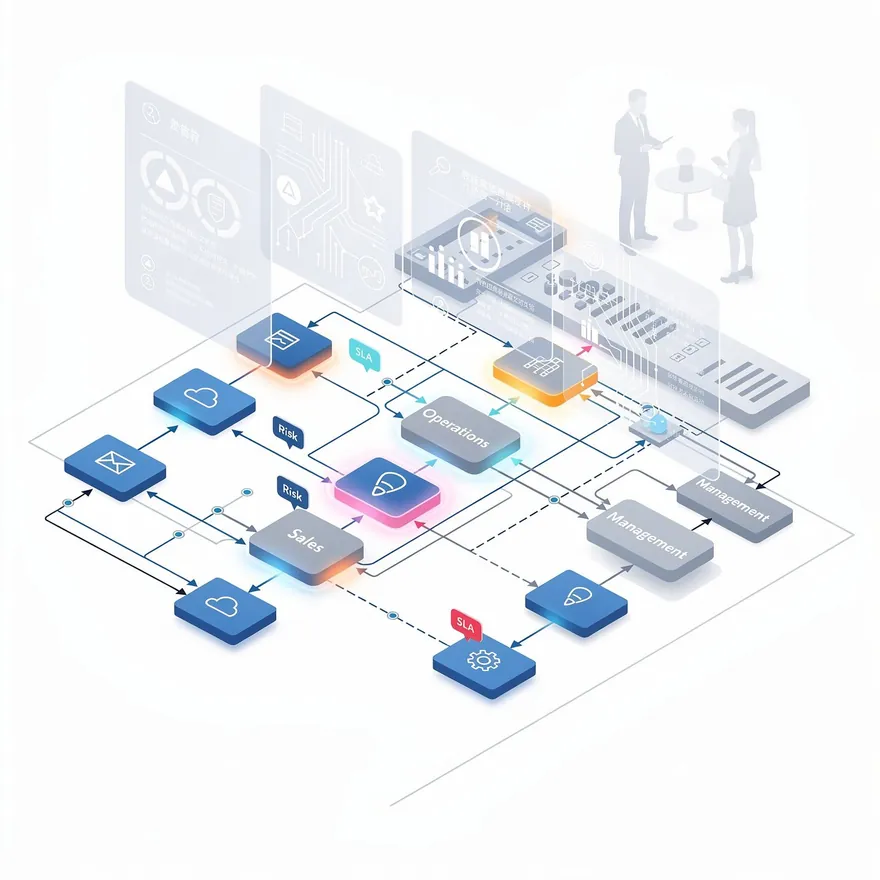 Illustration of a business process map with connected workflow steps
