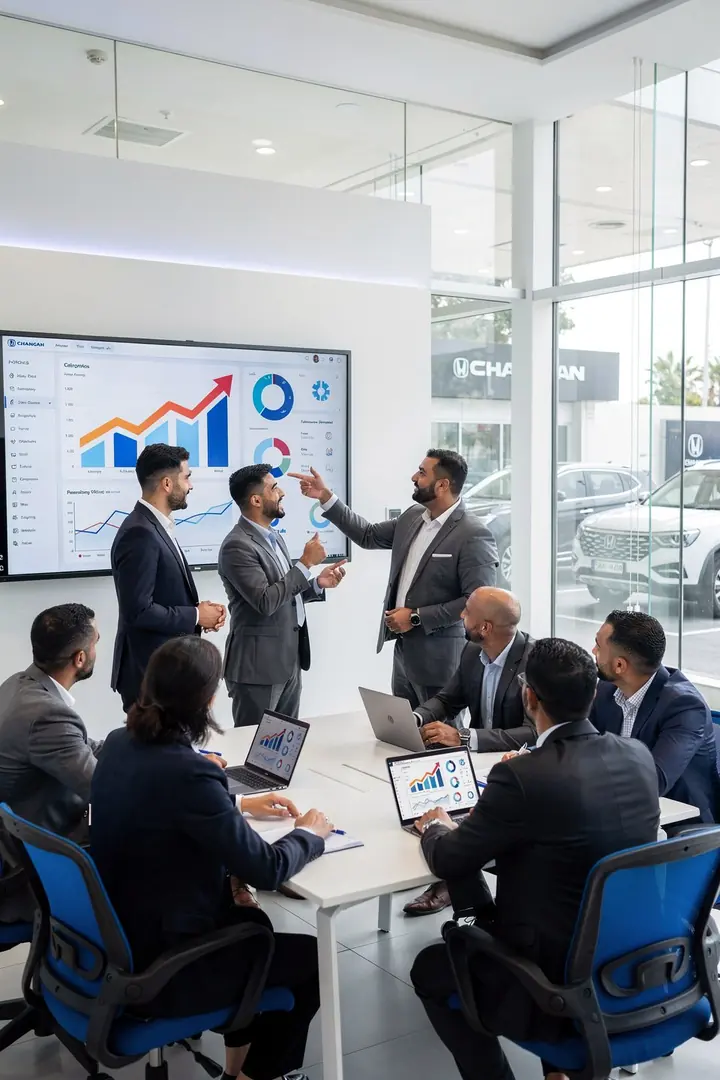 Team meeting in front of a large dashboard screen