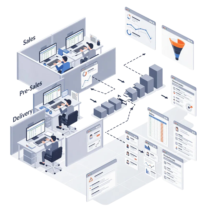 Illustration of connected sales, pre-sales and delivery workspaces