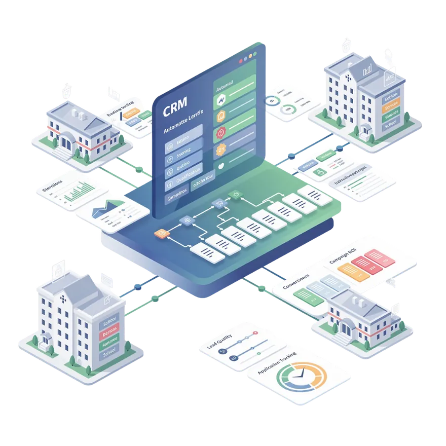 Illustration of school buildings connected to a CRM dashboard
