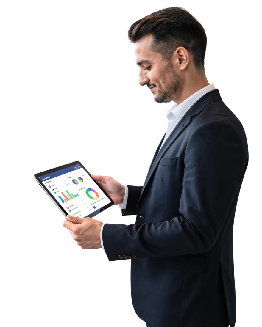 Professional in a suit reviewing data on a tablet