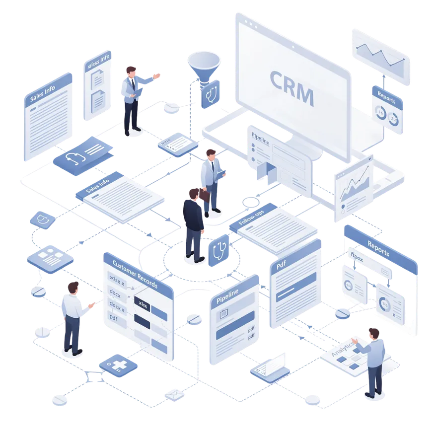 Illustration of CRM screens and team members