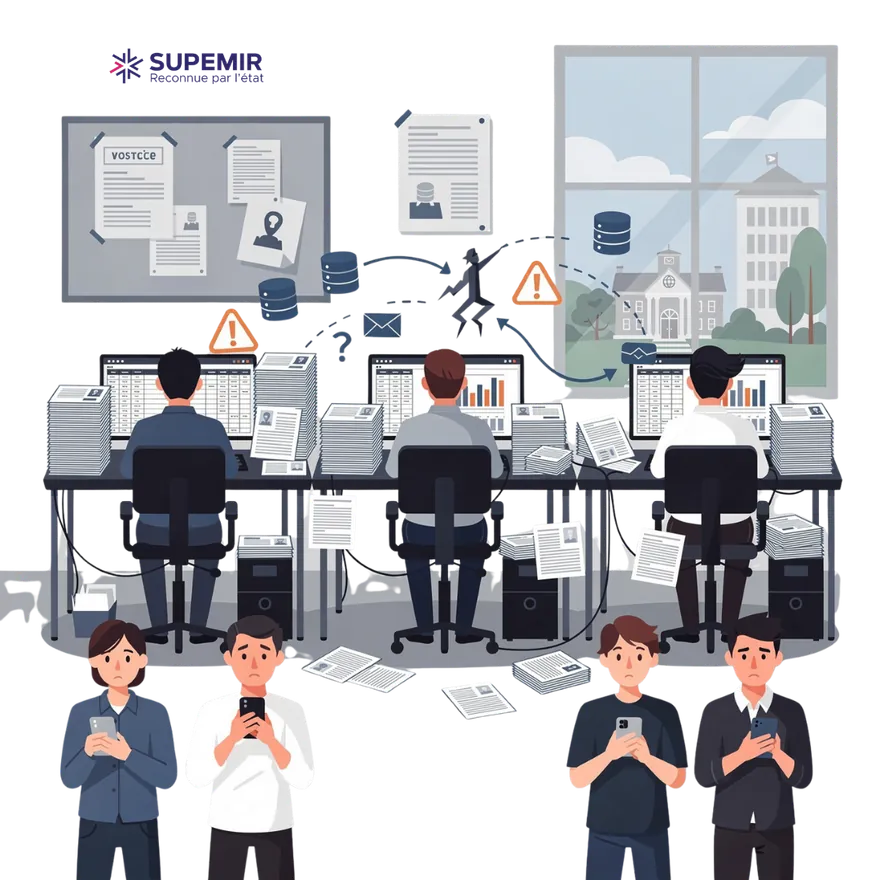 Illustration of an admissions team overwhelmed by paper applications