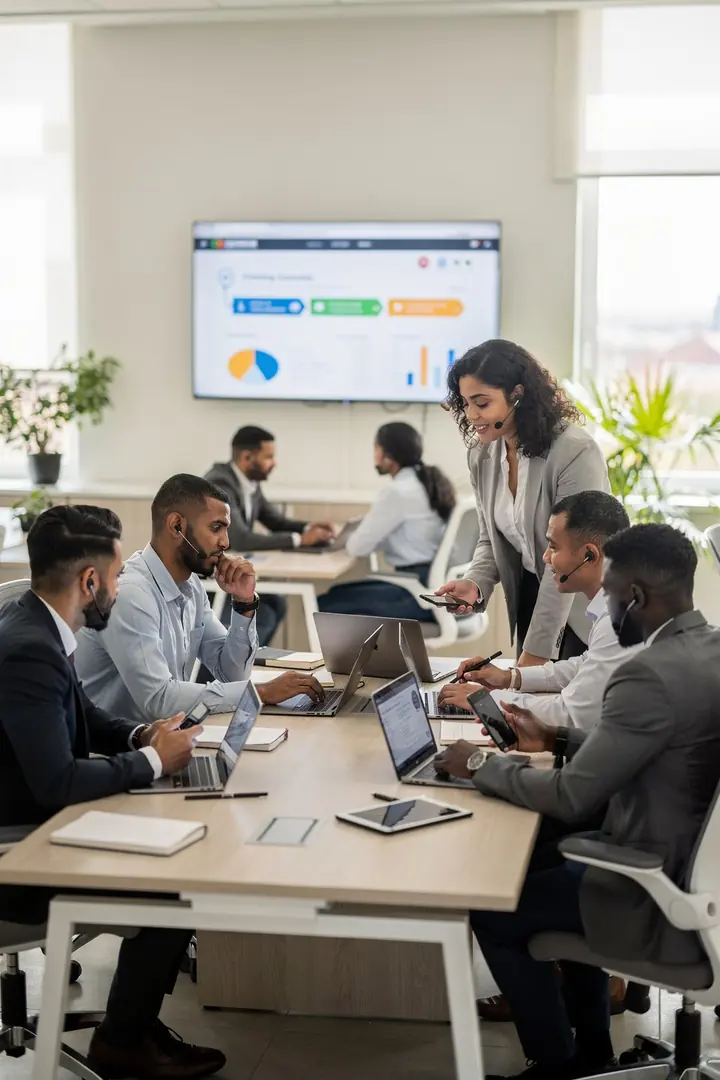 Team meeting in front of a dashboard screen