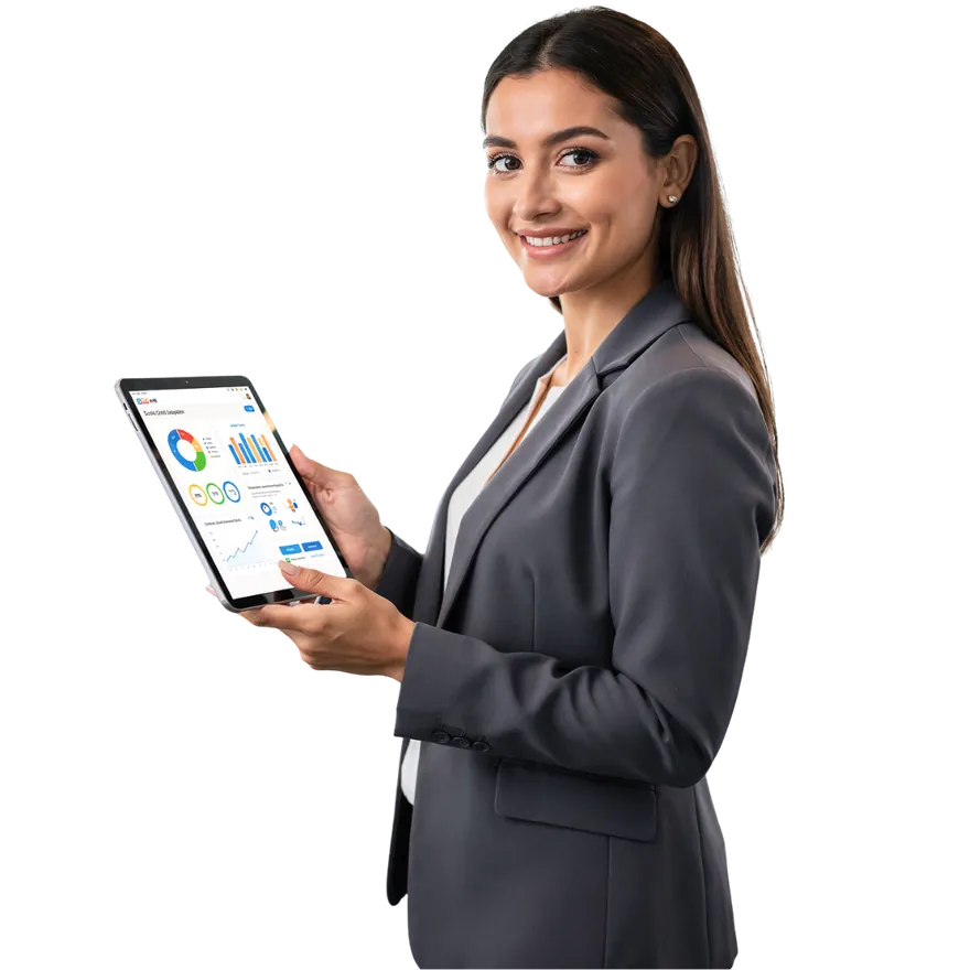 Professional holding a tablet showing charts