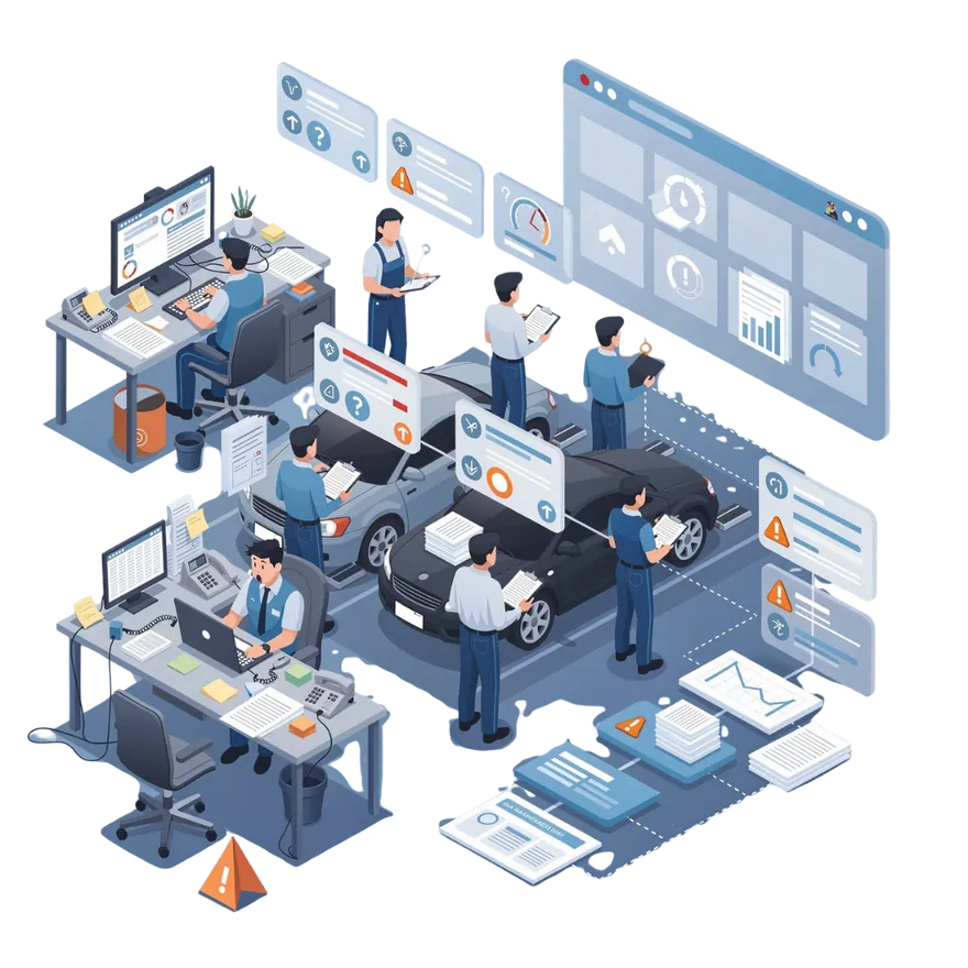 Illustration of a car service workshop with technicians and dashboards