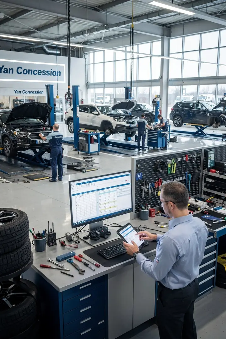 Technician working at a computer in a car service workshop